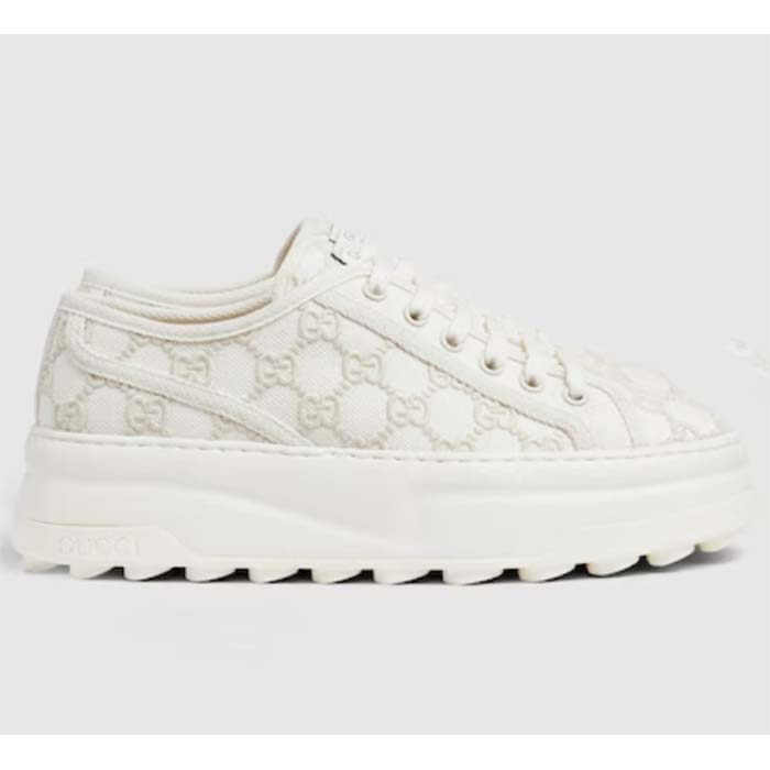 Gucci Unisex Tennis 1977 Sneaker Off White Canvas GG Embroideries Mid-Heel