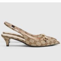 Gucci Women GG Canvas Slingback Pump Beige Ebony Horsebit Low Heel (11)