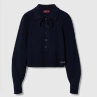Gucci Women GG Chunky Rib Cotton Polo Top Knitted Label Raglan Long Sleeves (2)