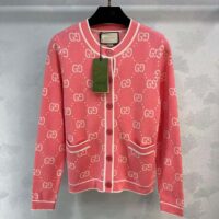 Gucci Women GG Cotton Jacquard Cardigan Pink Crewneck Long Sleeves (10)