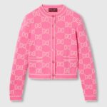 Gucci Women GG Cotton Jacquard Cardigan Pink Crewneck Long Sleeves