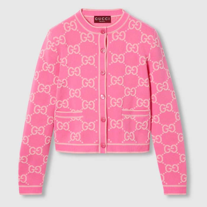 Gucci Women GG Cotton Jacquard Cardigan Pink Crewneck Long Sleeves