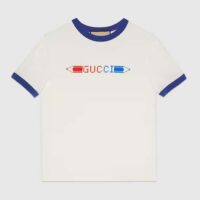 Gucci Women GG Cotton Jersey Printed T-Shirt White Blue Crewneck Short Sleeves