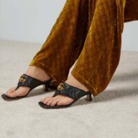 Gucci Women GG Double G Thong Sandal Black Matelassè Chevron Leather Mid-Heel (8)