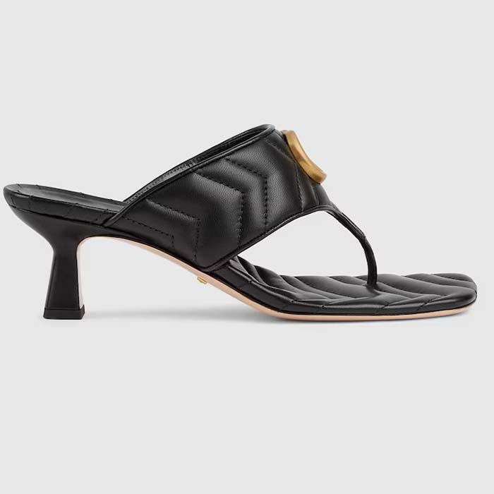 Gucci Women GG Double G Thong Sandal Black Matelassè Chevron Leather Mid-Heel