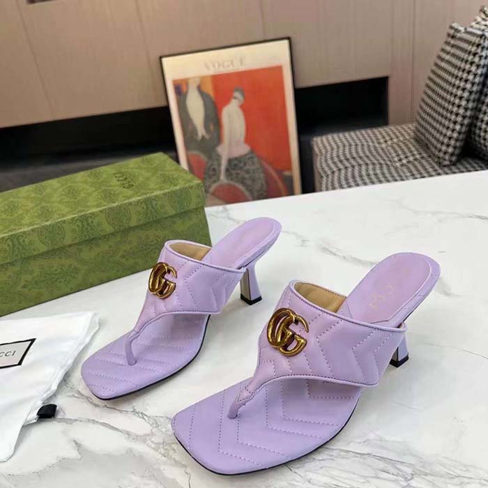 Gucci Women GG Double G Thong Sandal Lilac Matelassè Chevron Leather Mid-Heel
