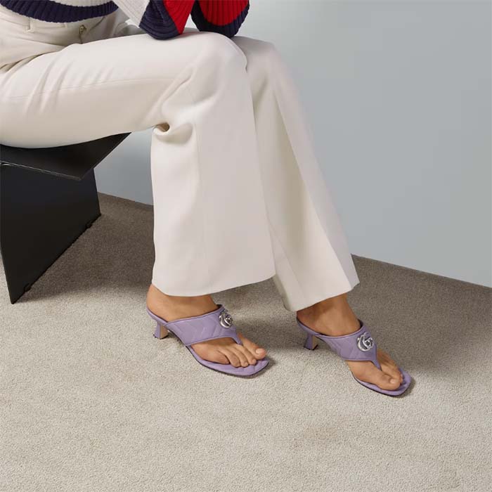 Gucci Women GG Double G Thong Sandal Lilac Matelassè Chevron Leather Mid-Heel