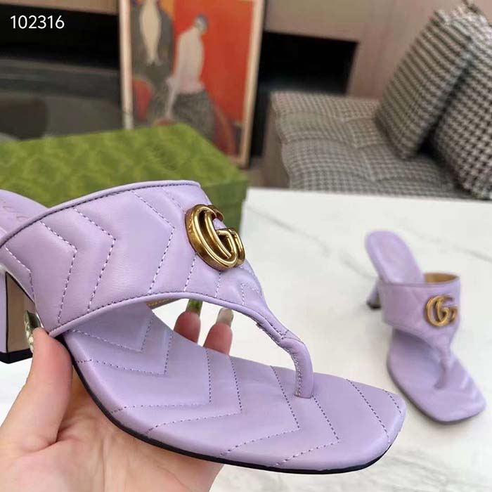 Gucci Women GG Double G Thong Sandal Lilac Matelassè Chevron Leather Mid-Heel
