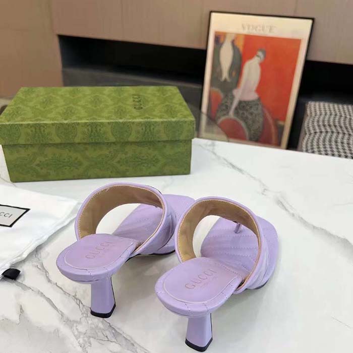 Gucci Women GG Double G Thong Sandal Lilac Matelassè Chevron Leather Mid-Heel