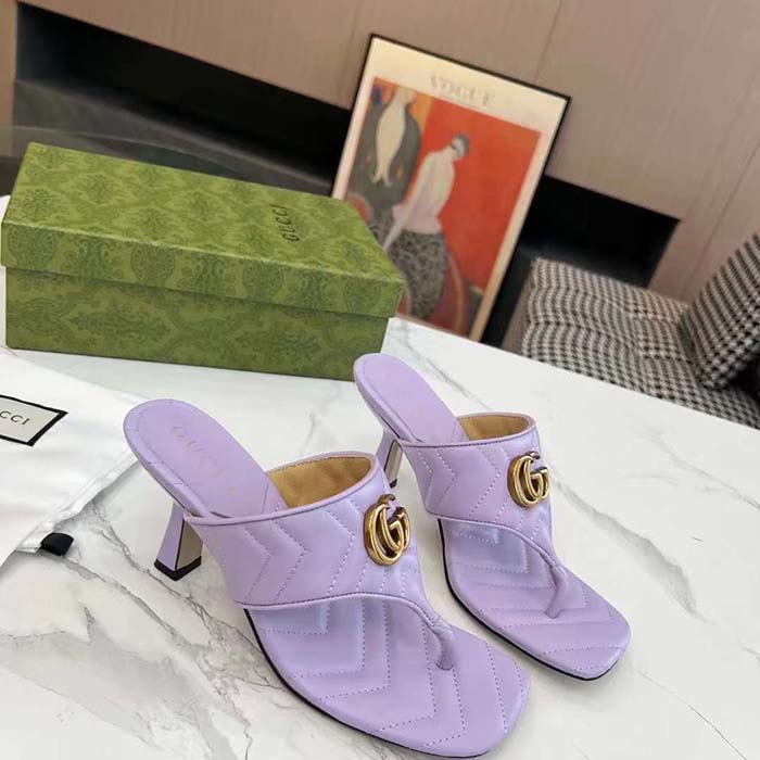 Gucci Women GG Double G Thong Sandal Lilac Matelassè Chevron Leather Mid-Heel