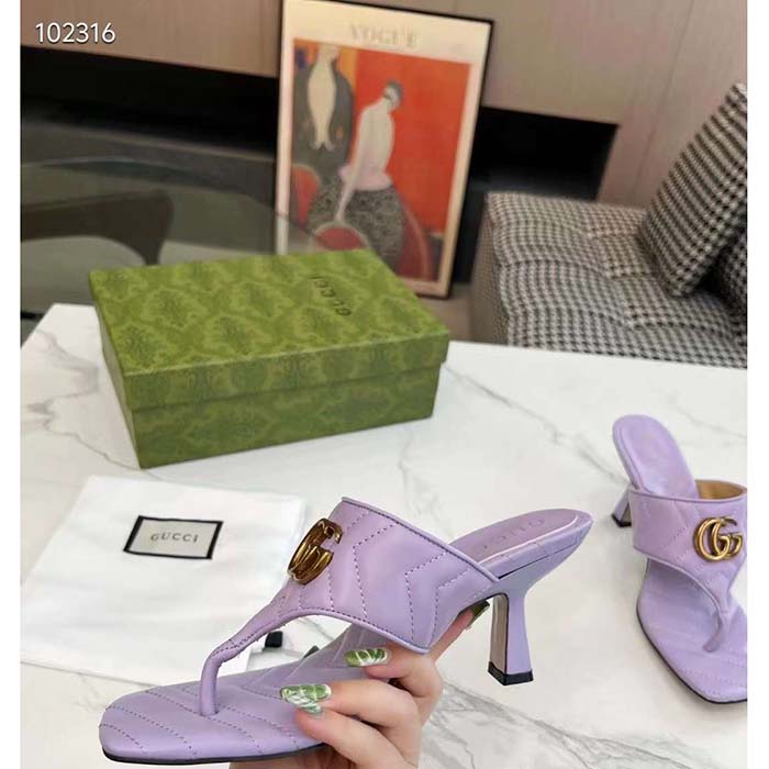 Gucci Women GG Double G Thong Sandal Lilac Matelassè Chevron Leather Mid-Heel