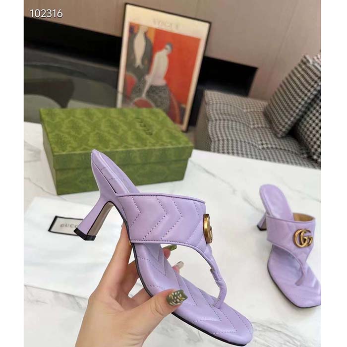 Gucci Women GG Double G Thong Sandal Lilac Matelassè Chevron Leather Mid-Heel