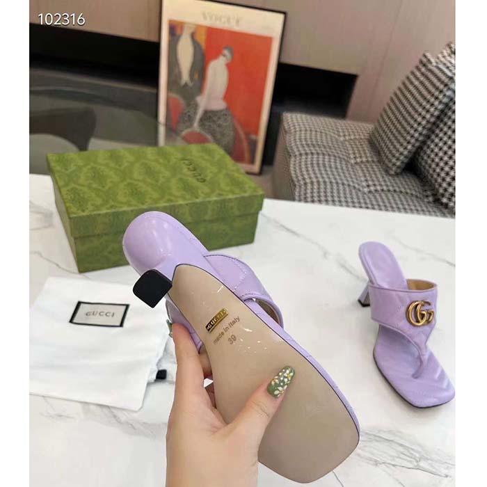 Gucci Women GG Double G Thong Sandal Lilac Matelassè Chevron Leather Mid-Heel