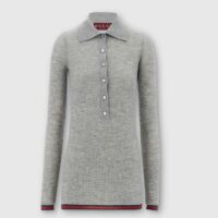 Gucci Women GG Extra Fine Rib Cashmere Knit Top Grey Silk Polo Neck (1)