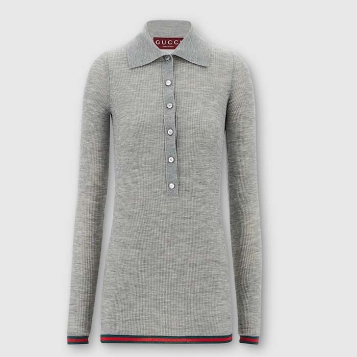 Gucci Women GG Extra Fine Rib Cashmere Knit Top Grey Silk Polo Neck