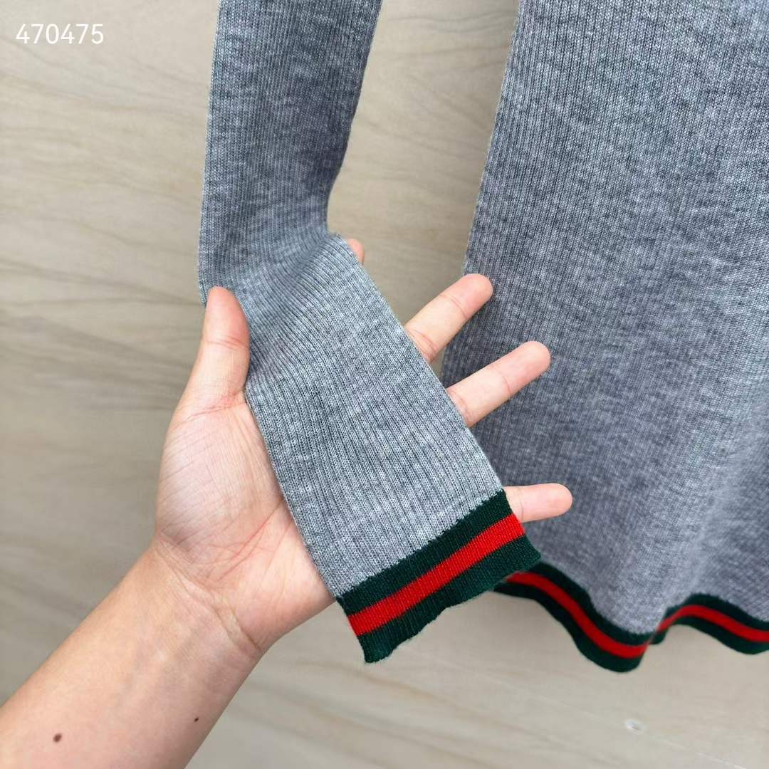 Gucci Women GG Extra Fine Rib Cashmere Knit Top Grey Silk Polo Neck
