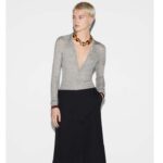 Gucci Women GG Extra Fine Rib Cashmere Knit Top Grey Silk Polo Neck – Image 11