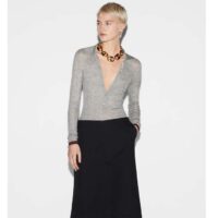 Gucci Women GG Extra Fine Rib Cashmere Knit Top Grey Silk Polo Neck (1)