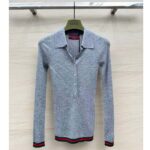 Gucci Women GG Extra Fine Rib Cashmere Knit Top Grey Silk Polo Neck – Image 2