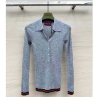 Gucci Women GG Extra Fine Rib Cashmere Knit Top Grey Silk Polo Neck (1)