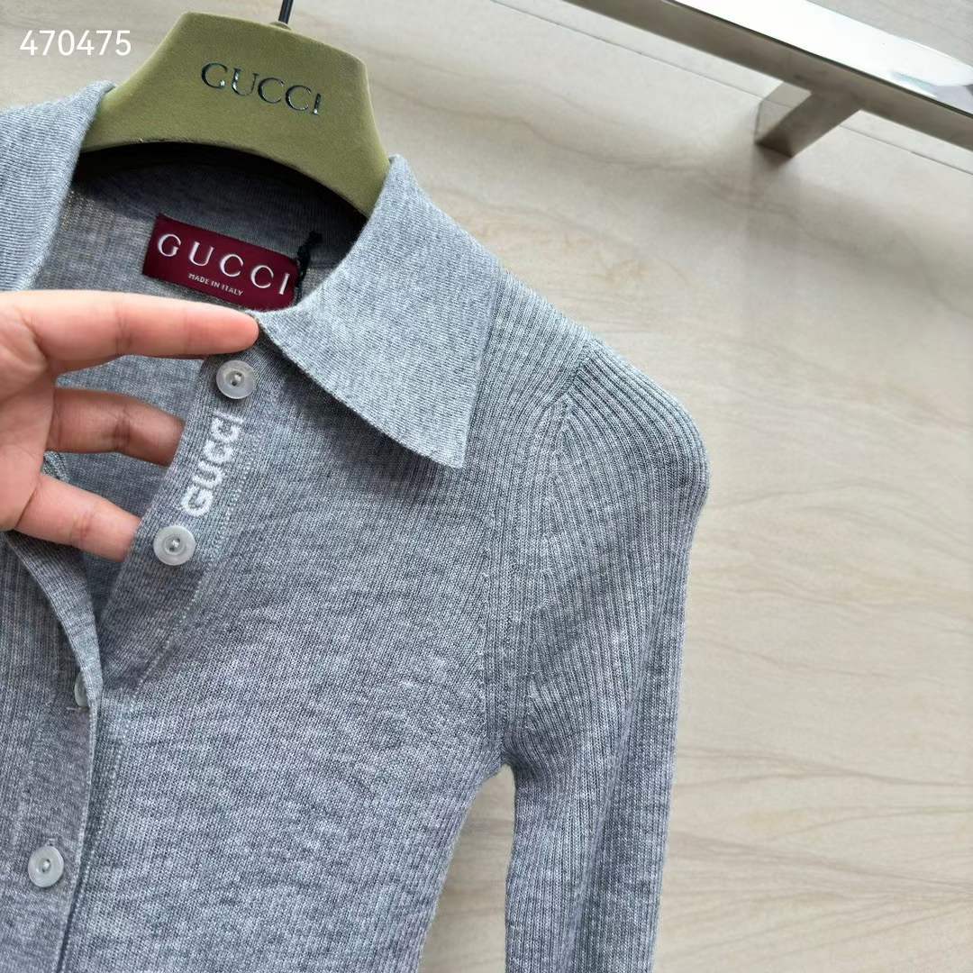 Gucci Women GG Extra Fine Rib Cashmere Knit Top Grey Silk Polo Neck
