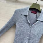 Gucci Women GG Extra Fine Rib Cashmere Knit Top Grey Silk Polo Neck – Image 5