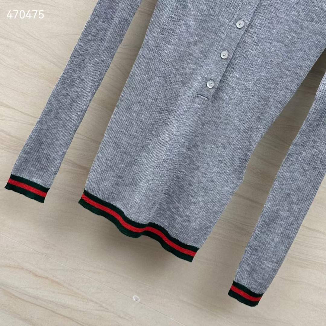 Gucci Women GG Extra Fine Rib Cashmere Knit Top Grey Silk Polo Neck