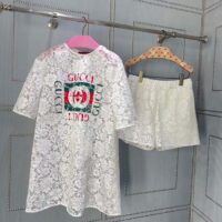 Gucci Women GG Floral Cotton Lace Top Print Crewneck Dropped Shoulder Short Sleeves