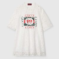 Gucci Women GG Floral Cotton Lace Top Print Crewneck Dropped Shoulder Short Sleeves