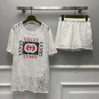 Gucci Women GG Floral Lace Short White Elastic Waist Two Pockets Mini