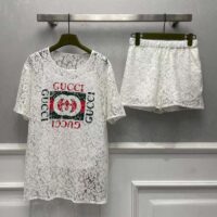 Gucci Women GG Floral Cotton Lace Top Print Crewneck Dropped Shoulder Short Sleeves