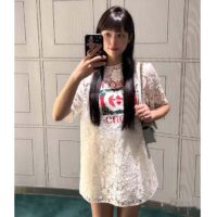 Gucci Women GG Floral Cotton Lace Top Print Crewneck Dropped Shoulder Short Sleeves