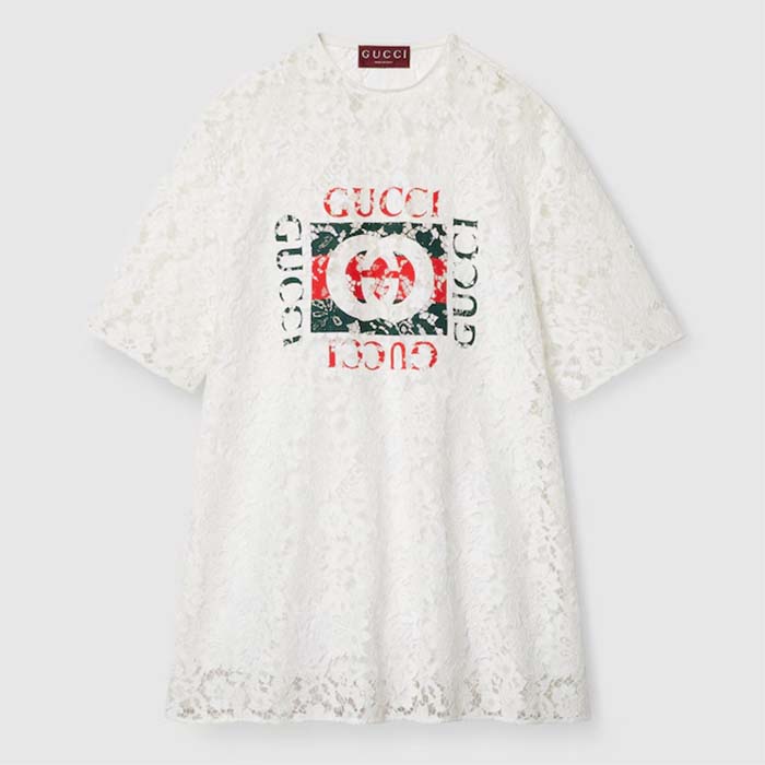 Gucci Women GG Floral Cotton Lace Top Print Crewneck Dropped Shoulder Short Sleeves