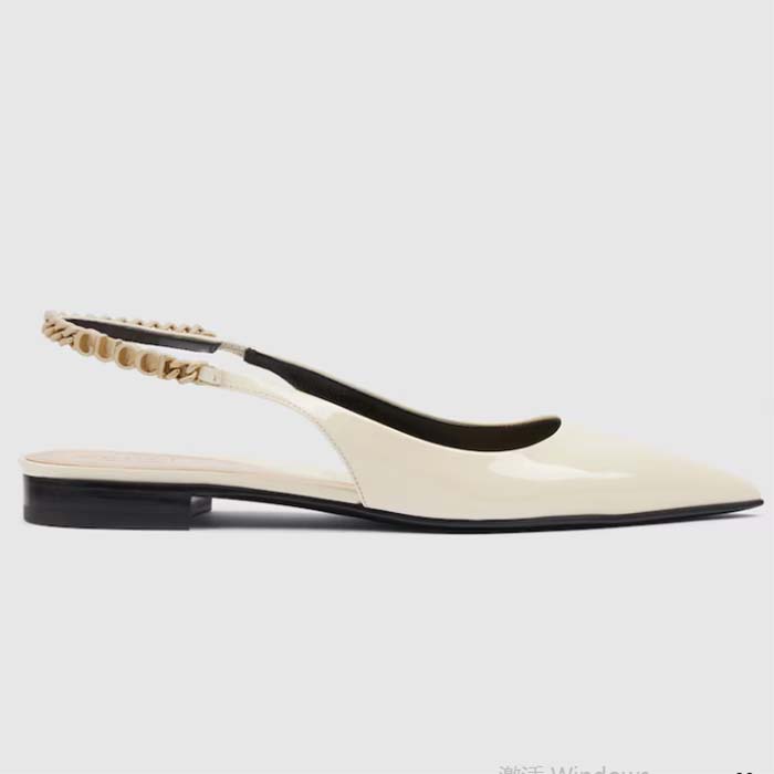 Gucci Women GG Gucci Signoria Ballet Flat White Patent Leather Pointed Toe
