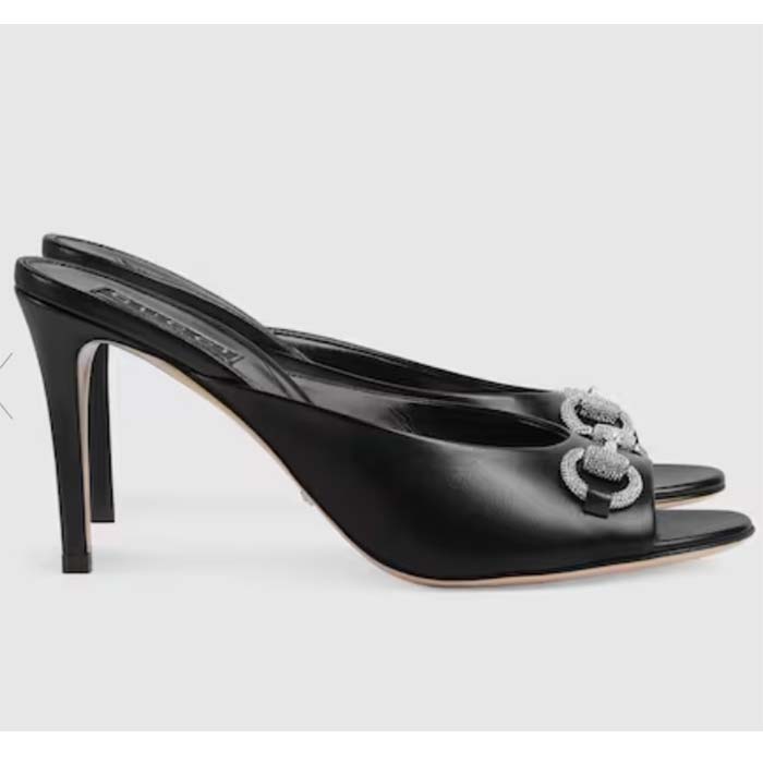 Gucci Women GG Horsebit Mid-Heel Slide Sandal Black Leather Crystals