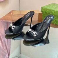 Gucci Women GG Horsebit Mid-Heel Slide Sandal Black Leather Crystals (11)