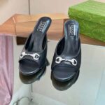 Gucci Women GG Horsebit Mid-Heel Slide Sandal Black Leather Crystals - Image 6