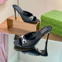 Gucci Women GG Horsebit Mid-Heel Slide Sandal Black Leather Crystals (11)