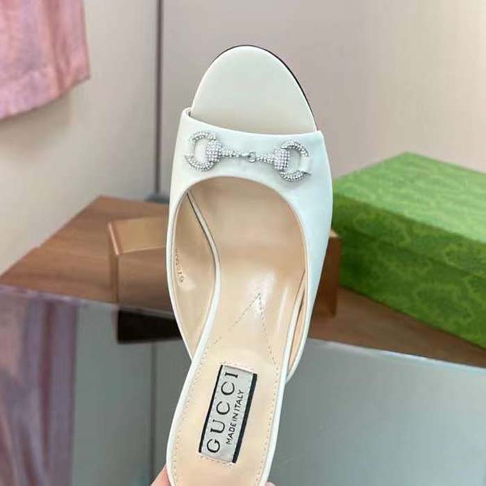 Gucci Women GG Horsebit Mid-Heel Slide Sandal White Leather Crystals