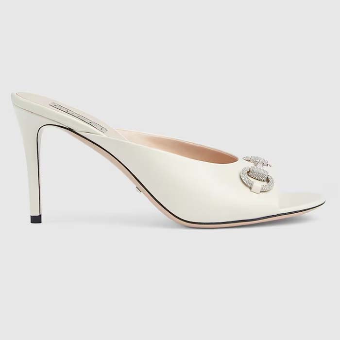 Gucci Women GG Horsebit Mid-Heel Slide Sandal White Leather Crystals