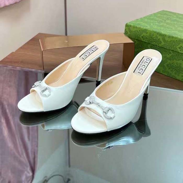 Gucci Women GG Horsebit Mid-Heel Slide Sandal White Leather Crystals