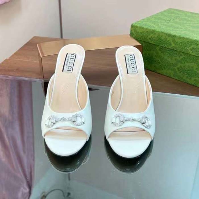 Gucci Women GG Horsebit Mid-Heel Slide Sandal White Leather Crystals