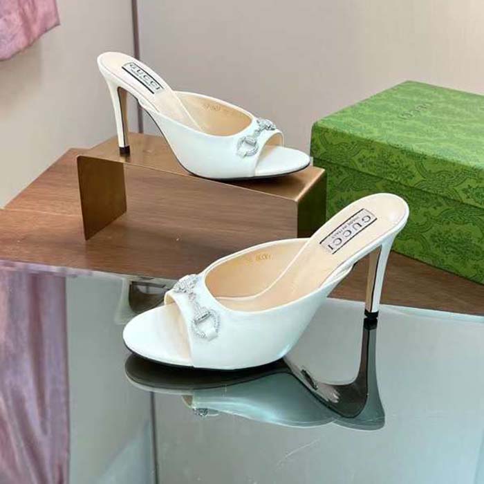 Gucci Women GG Horsebit Mid-Heel Slide Sandal White Leather Crystals