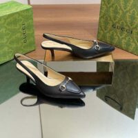 Gucci Women GG Horsebit Slingback Pump Black Leather Low Heel (5)