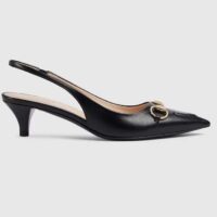 Gucci Women GG Horsebit Slingback Pump Black Leather Low Heel