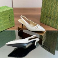 Gucci Women GG Horsebit Slingback Pump White Leather Low Heel (6)