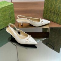 Gucci Women GG Horsebit Slingback Pump White Leather Low Heel (6)