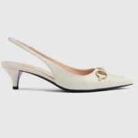 Gucci Women GG Horsebit Slingback Pump White Leather Low Heel (6)