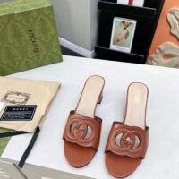 Gucci Women GG Interlocking G Slide Sandal Brown Leather Mid-Heel (6)