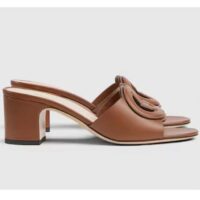 Gucci Women GG Interlocking G Slide Sandal Brown Leather Mid-Heel (6)